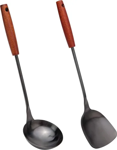 Miniatura 8 de FJNATINH Juego de espátula y cucharón para wok de 17 pulgadas, cuchara espumadora, espátula ranurada, juego de utensilios de cocina de acero
