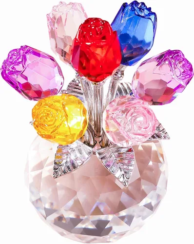 Miniatura 12 de YWHL Figurilla de Flor de Rosa Rosa de Cristal Hecha a Mano con Jarrón Redondo, Regalos de Rosas para Novia, Esposa, Hermana, Regalos Románticos