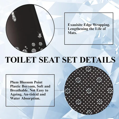 Miniatura 6 de 4 piezas de juego de cortina de ducha con destellos de diamantes, decoración de baño negra y plateada con goteo brillante con tapete y funda