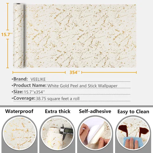 Miniatura 8 de VEELIKE Papel de contacto de mármol beige dorado para encimeras, papel tapiz de mármol blanco impermeable, para encimeras de cocina y baño, 15.7 x