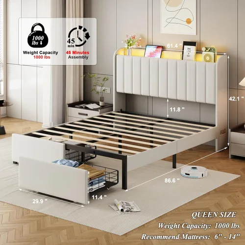 Miniatura 3 de Base de cama tamaño queen con cabecera de almacenamiento y 2 cajones, base de cama tapizada con luces LED y práctica estación de carga, no necesita