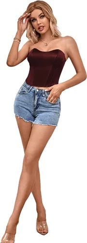Miniatura 6 de LYANER Blusa sexy de satén con cuello de corazón para mujer, sin tirantes, corsé