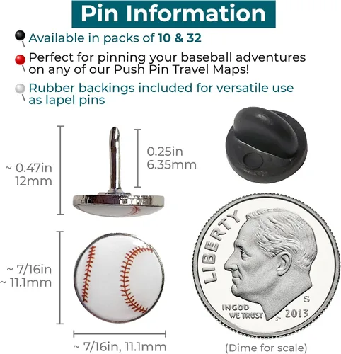 Miniatura 2 de Pines de béisbol para tablero de corcho, mapas o alfileres de solapa, diseñados en los Estados Unidos, juego de 32 pines de béisbol