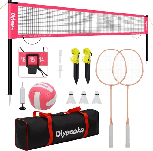 Juego de red combinada de voleibol y bádminton de 20 pies para exteriores para patio trasero y playa con postes ajustables, red duradera Rosa