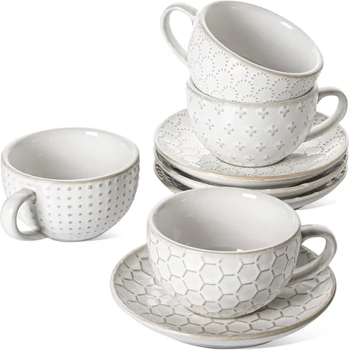 LE TAUCI Tazas de capuchino con platillos – Juego de tazas de café de cerámica de 6 onzas y platillos para café con leche, café con leche, blanco