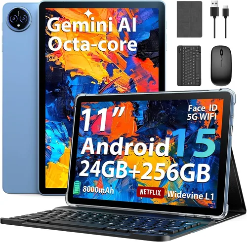 Suicoey Tablet Android 15 de 11 pulgadas 2026 con teclado, 24 GB de RAM + 256 GB de ROM, 2 TB Expand, Octa-core, 8000mAh, 5+13MP, 2.4G y 5G WiFi,