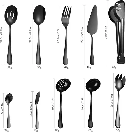 Miniatura 2 de Juego de Utensilios para Servir Negros de 10 Piezas de Acero Inoxidable para Cocina Catering Cubertería incluye Pinzas para Catering Cucharas