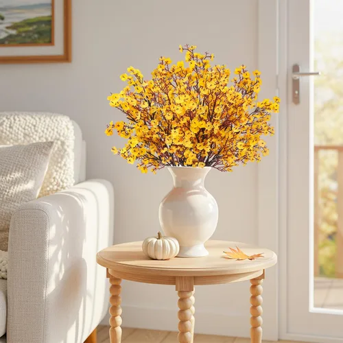 Miniatura 2 de 8 piezas flores artificiales de aliento de bebé, flores de seda amarillas de tacto real, flores falsas para jarrón, hogar, oficina, boda, Navidad