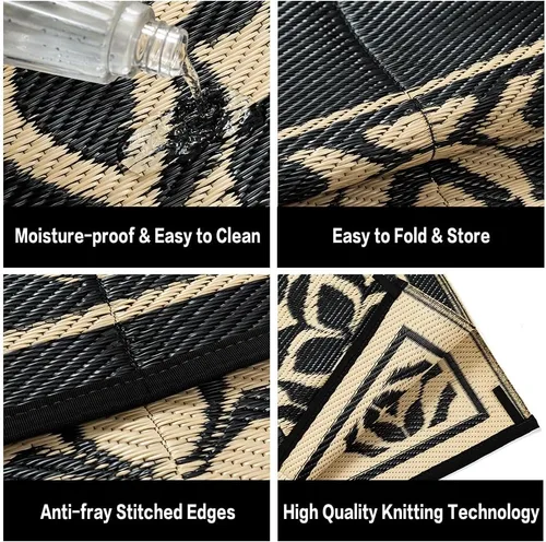 Miniatura 5 de PureCozy Alfombra de paja de plástico para exteriores, color negro, beige, grande, impermeable, para patio, 5 x 8 pulgadas, geométrica, reversible