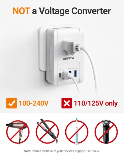 Miniatura 5 de BESTEK Adaptador de viaje universal, adaptador de corriente internacional con 1 tomacorrientes, 4 puertos de carga USB (1 USB C PD 35W), enchufes