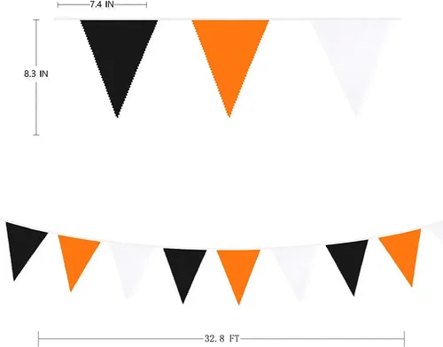 Miniatura 2 de Decoraciones de fiesta de Halloween naranja y negro de 32 pies, banderines de tela de araña, calavera y murciélagos, banderines triangulares