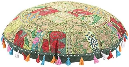 KLAVATE Indio hecho a mano vintage patchwork algodón boho chic bohemio bordado a mano decorativo étnico pie taburete redondo piso almohadas y funda