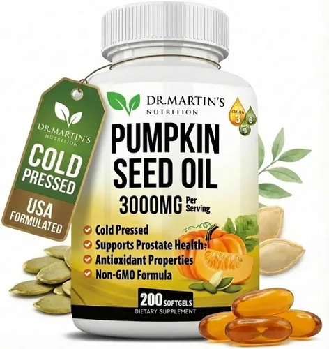 Cápsulas de aceite de semilla de calabaza de 3000 mg | Bloqueador DHT para apoyo al crecimiento de la próstata y el cabello | Prensado en frío con