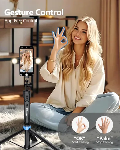 Miniatura 3 de UBeesize Trípode de seguimiento facial automático de 70 pulgadas, rotación de 360° con soporte, trípode para teléfono con luz de relleno, palo