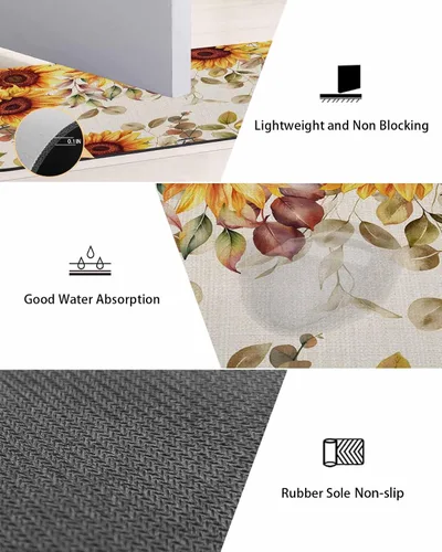 Miniatura 3 de Tapete de baño de eucalipto y girasol para bañera, antideslizante, de secado rápido y absorbente, de tierra de diatomeas, fregadero de cocina
