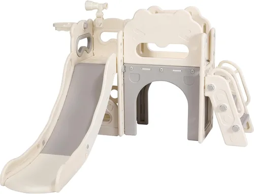Miniatura 8 de Arlopu Juego de toboganes 8 en 1 para niños, tobogán de bebé para interiores y exteriores con aro de baloncesto, telescopio y espacio de Blanco