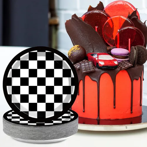 Miniatura 5 de 48 platos de papel de fiesta con bandera a cuadros en blanco y negro para suministros de fiesta de autos de carreras de 7 pulgadas, platos de postre