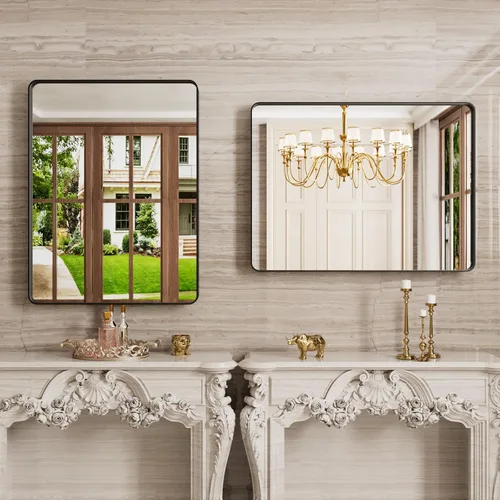Miniatura 3 de JISOSO - Espejo de baño negro de 20x30 pulgadas con marco de metal negro, espejo de tocador rectangular redondeado con acabado mate para pared