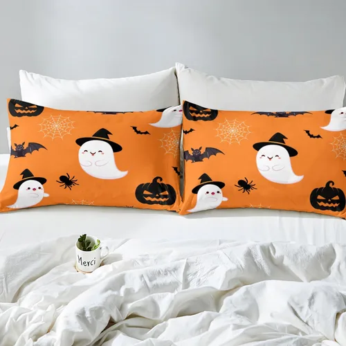 Miniatura 5 de Erosebridal Divertida sábana bajera ajustable de Halloween para niños, lindo juego de ropa de cama de calabaza fantasma, decoración de Halloween