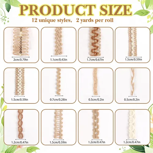 Miniatura 2 de KIMOBER 12 rollos de cintas de yute para manualidades, cinta de encaje de arpillera natural, 24 yardas, rústico, bohemio, vintage, surtido
