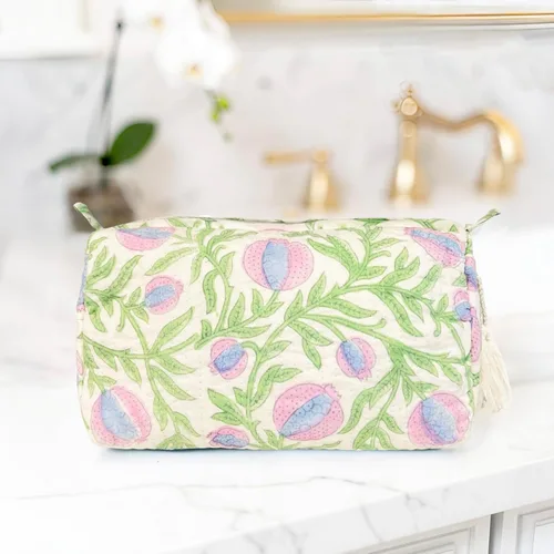 Miniatura 2 de Bolsa de maquillaje hecha a mano con estampado de bloques y bolsa de aseo – Estuche de viaje cosmético artesanal de algodón hecho a mano, Granada