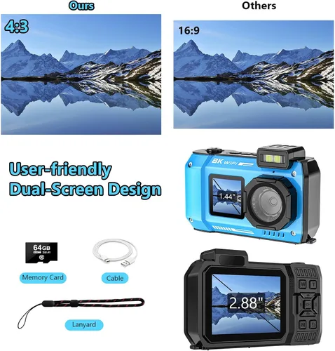 Miniatura 6 de Cámara subacuática UHD 8K, 70MP 33FT WiFi Cámara digital impermeable con tarjeta de 64 GB, enfoque automático, impermeable, doble pantalla, selfie