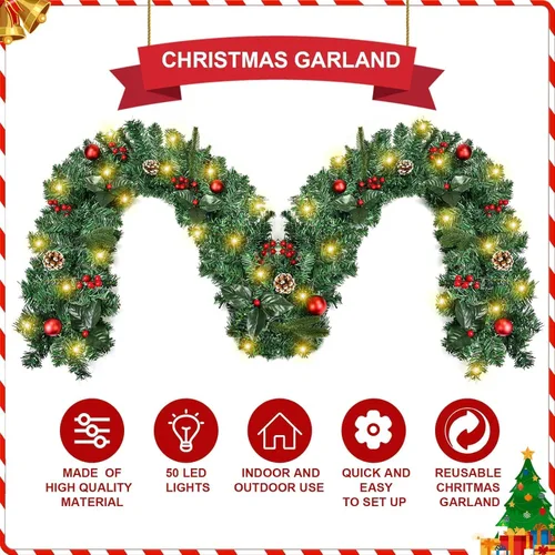 Miniatura 4 de Beinhome Guirnalda de Navidad Preiliminada de 9 Pies, Guirnalda Artificial de Puerta de Navidad con Temporizador de Luces, Decoraciones de Guirnalda