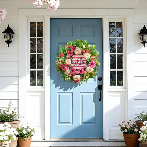 Miniatura 6 de Coronas de primavera y verano para puerta delantera exterior, corona de verano floral de peonía y rosa de 24 pulgadas con decoración de puerta