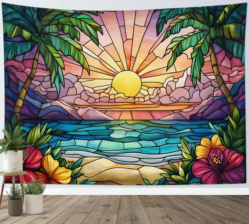 Miniatura 25 de LB Tapiz de hongos para colgar en la pared, luna y estrella en beige, tapiz de pared para dormitorio, estética de planta verde, arte de pared