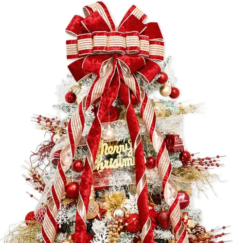 Miniatura 20 de Hismir Lazo grande de 53 x 13 pulgadas con serpentina de purpurina, lazos decorativos para árbol de Navidad, corona, puerta, festival, decoración