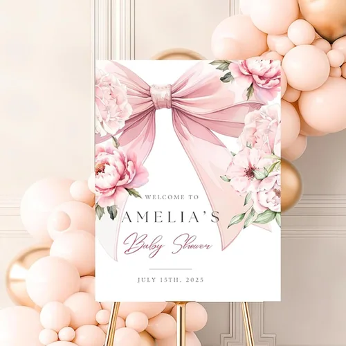 Miniatura 3 de Letrero de bienvenida personalizado con lazo rosa, editable imprimible para fiesta de bebé, letrero de baby shower con lazo rosa #12 Baby Shower #12