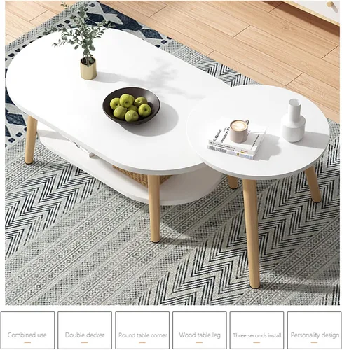 Miniatura 5 de Mesa de centro blanca, mesas auxiliares modernas anidables, mesa de MDF con patas de madera, mesa de sala de estar para decoración del hogar, juego