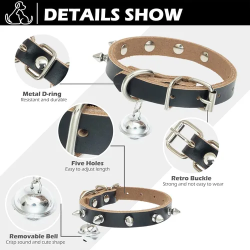 Miniatura 4 de BINGPET Collar de piel con clavos para gatos con campanas, collar de perro tachonado con hebilla, collares góticos suaves para gatitos con púas