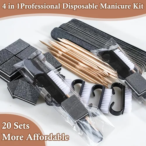 Miniatura 5 de 20 juegos de kit de manicura desechable básico de 4 piezas para viajes, cepillo de agarre, mini pulidor de uñas, lima de uñas y palo de madera