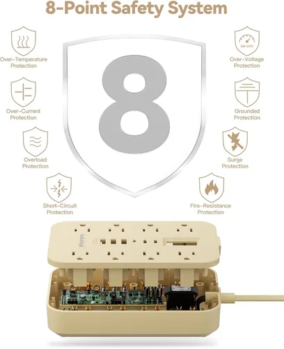 Miniatura 4 de Beige Power Strip with USB Ports - 5 FT Flat Extension Cord, 1625W Decorative Extension Cord with 8 AC Outlet 6 USB, Indoor Use for Beige Cream Desk