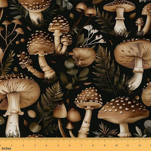 Tela de Hongos por Yarda Selva Marrón Natural Telas de Hongos para Suministros de Costura Hojas Botánicas Tela de Estilo Rústico Retro para