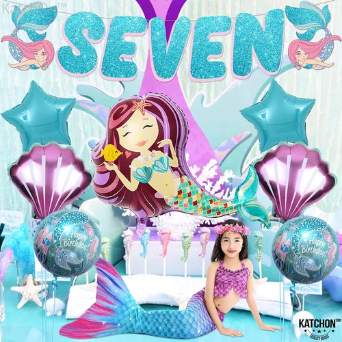 Miniatura 7 de KatchOn Decoraciones de 7º cumpleaños de sirena grande – Paquete de 8 Globos de sirena y decoraciones de fiesta para niñas 7