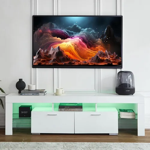 Miniatura 9 de Nrizc Soporte de TV LED negro para TV de 75 pulgadas, centro de entretenimiento de TV de alto brillo con cajón de almacenamiento, mesa consola de TV
