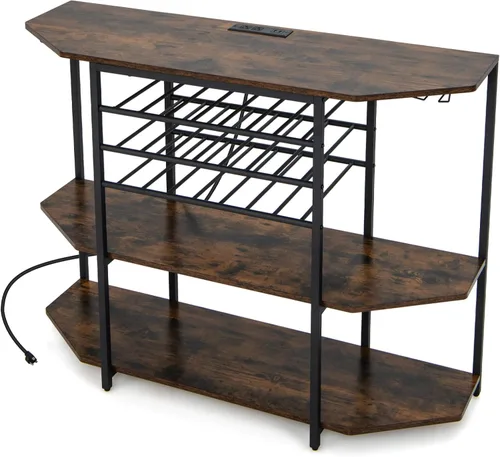 Miniatura 9 de Giantex Armario de bar de vinos con toma de corriente, mini mesa de soporte para barra de café con 21 botelleros y soportes para vidrio, estantes