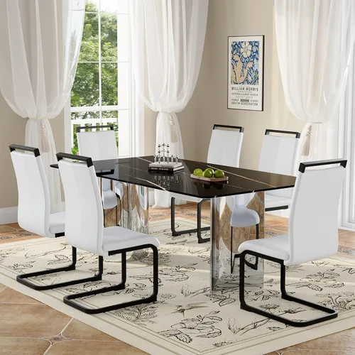 Miniatura 9 de Moderno juego de mesa de comedor para 6, 7 piezas, mesa rectangular de mármol sintético de 71 pulgadas con base de acero inoxidable plateado