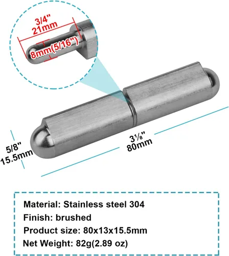Miniatura 2 de Paquete de 10 bisagras de bala de soldadura de 3" x 5/8", bisagras de barril de acero inoxidable 304 para puerta de remolque, ahumador de barbacoa
