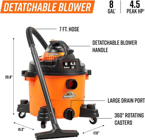Miniatura 10 de Armor All VBV809 0901 - Aspiradora húmeda/seca de 8 galones y 4.5 HP con soplador desmontable, naranja