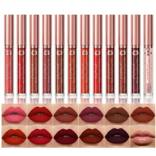 Miniatura 9 de Juego de 12 lápices labiales mate de maquillaje, desnudos clásicos y rojos atrevidos, taza antiadherente, no se decolora, lápiz labial líquido