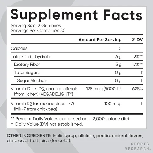 Miniatura 5 de Sports Research® Suplementos de gomitas veganas de vitamina D3 + K2 - 5000iu Vitamina D con 100 mcg de vitamina K Mk7 - Apoya la salud ósea e