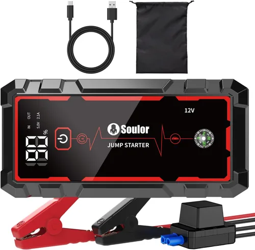 Arrancador de batería de coche de 5000A, arrancador portátil con cable de puente, banco de energía de carga rápida, linterna de 3 modos, brújula