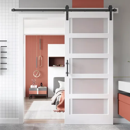 Miniatura 9 de EaseLife puerta de granero de vidrio de 28 x 84 pulgadas con kit de herrajes deslizantes de 5 pies incluido y manija, madera maciza cubierta
