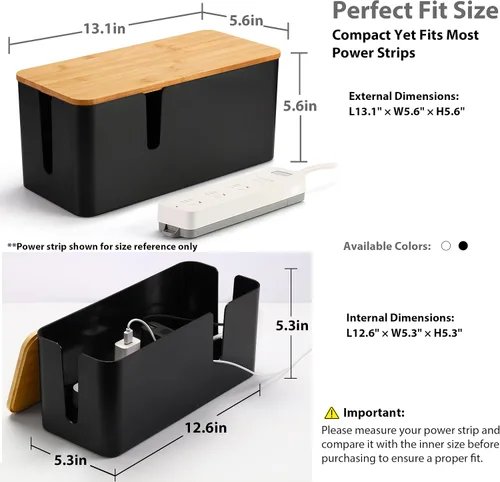 Miniatura 3 de ZhiYo Caja Organizadora de Cables con Tapa de Bambú, Caja de Gestión de Cables ABS Segura para TV y Computadora, Cubierta de Madera Ocultador