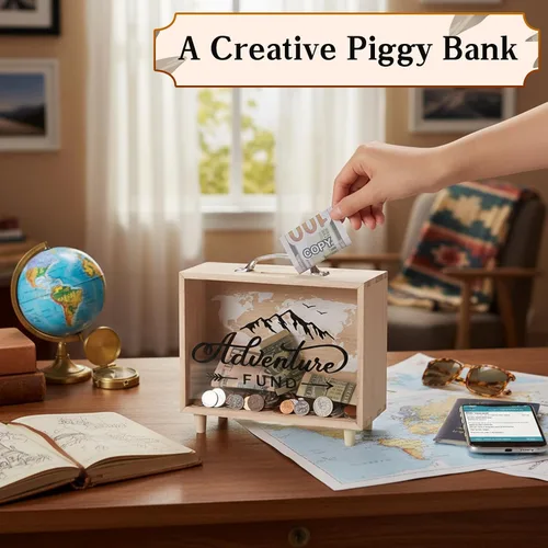 Miniatura 3 de Vesici Caja de Fondos de Viaje Alcancía para Adultos Caja de Ahorros de Dinero Maleta Decorativa de Vacaciones Banco de Monedas de Madera