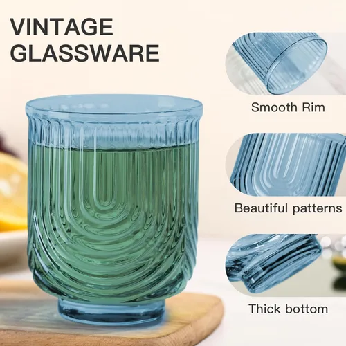 Miniatura 3 de JOVGANK Juego de cristalería azul vintage de 6 a 14 onzas, vaso de agua azul Art Deco, vaso de cóctel de whisky, jugo de café helado, regalos