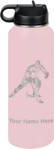 Miniatura 16 de LaserGram Botella de agua personalizada, jugador de hockey, acero inoxidable de doble pared aislada al vacío con popote superior, regalo grabado